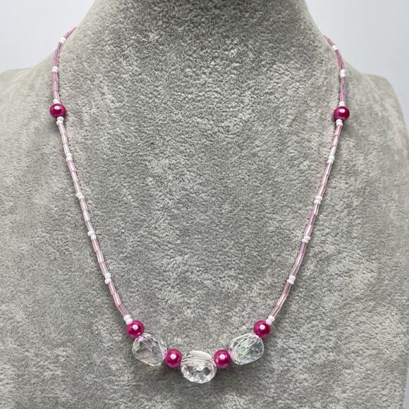 Artisan White Crystal Glass Pink Glass Pearl Seed Bead Necklace Earrings Set - Picture 4 of 10